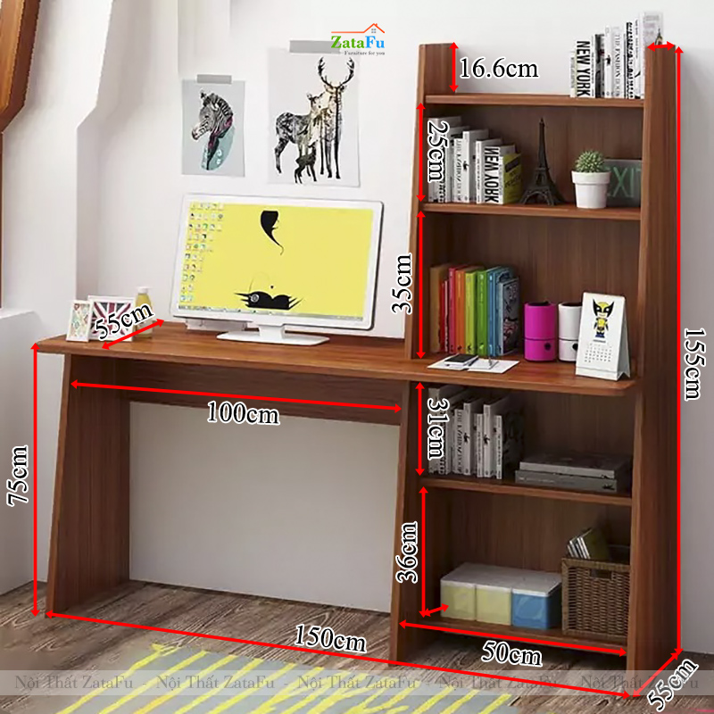 Bàn Học Bàn Làm Việc Đa Năng Gỗ Công Nghiệp MDF Liền Kệ Đứng Hiện Đại BLV-156 ZataFu