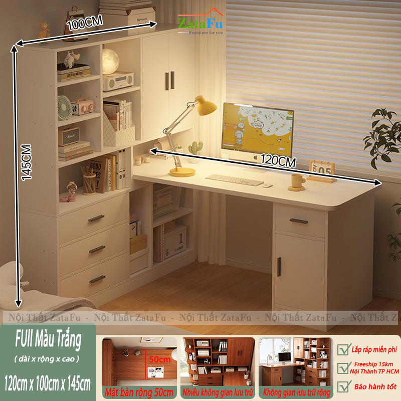 Bàn Làm Việc, Bàn Học Kết Hợp Kệ Sách Nhiều Tầng Thông Minh Gỗ MDF BLV-133 ZataFu