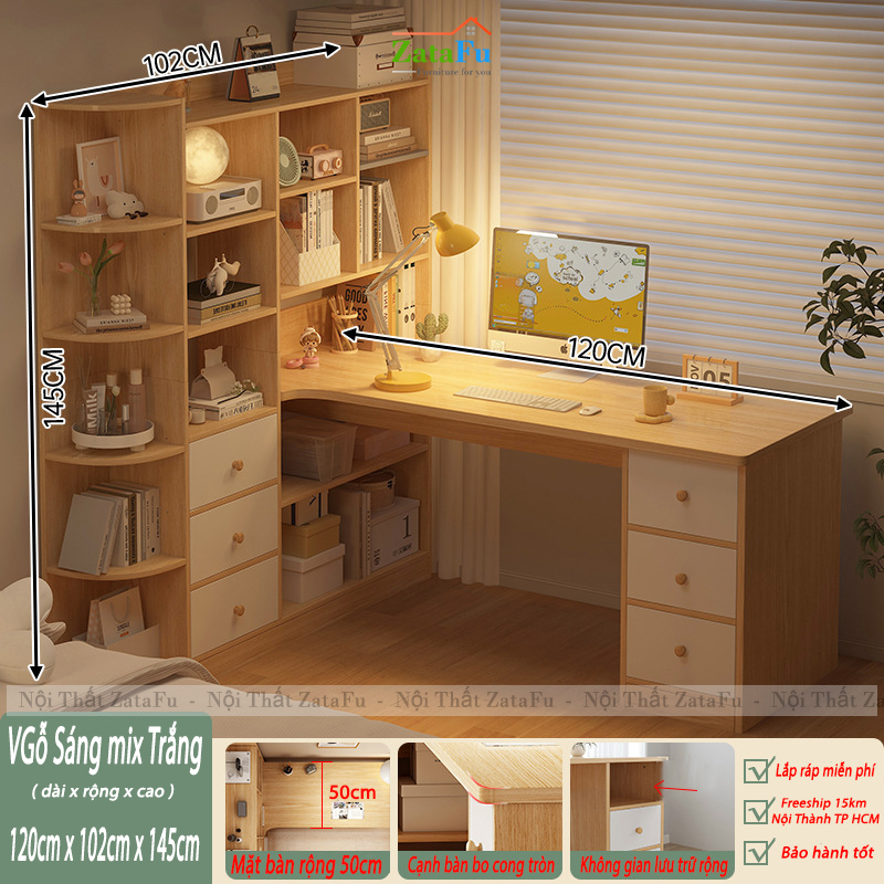 Bàn Làm Việc, Bàn Học Kết Hợp Kệ Sách Nhiều Tầng Thông Minh Gỗ MDF BLV-133 ZataFu