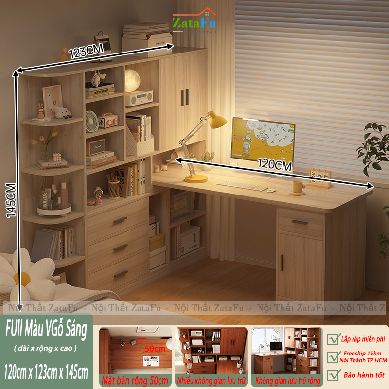 Bàn Làm Việc, Bàn Học Kết Hợp Kệ Sách Nhiều Tầng Thông Minh Gỗ MDF BLV-133 ZataFu