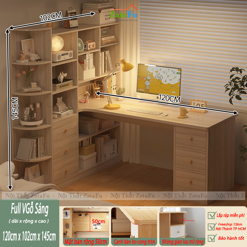Bàn Làm Việc, Bàn Học Kết Hợp Kệ Sách Nhiều Tầng Thông Minh Gỗ MDF BLV-133 ZataFu
