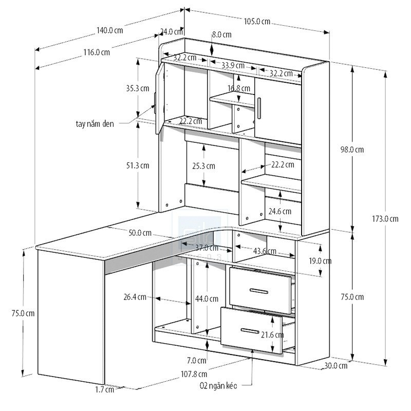 Bàn Làm Việc Chữ L Nhiều Ngăn Kết Hợp Tủ Sách Hiện Đại BLV-146 ZataFu