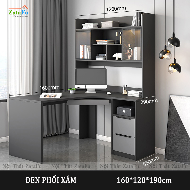 Bàn làm việc chữ L liền kệ sách và tủ trang trí đèn LED BLV-57