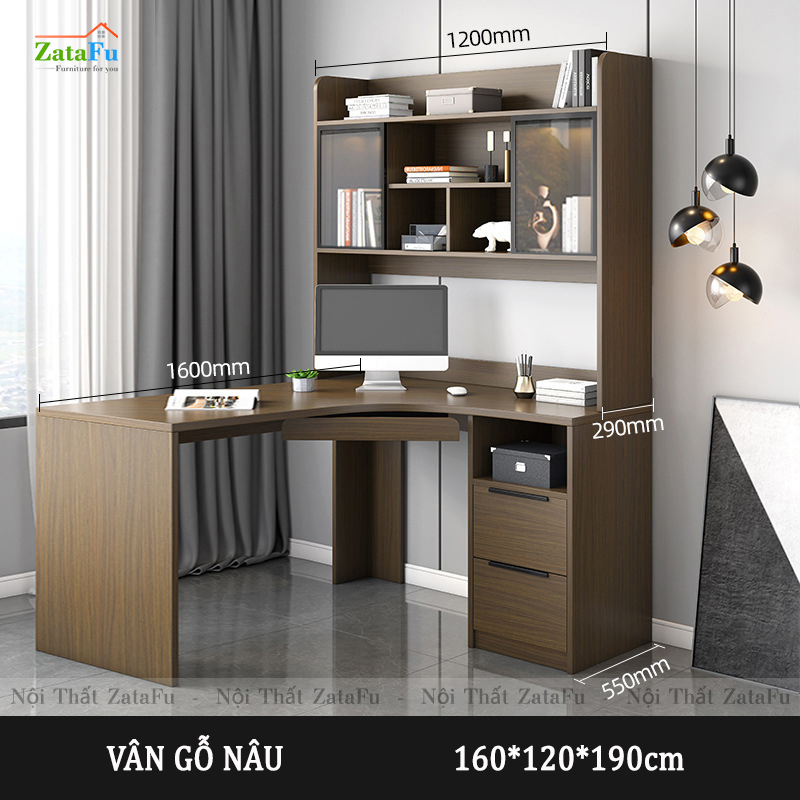 Bàn làm việc chữ L liền kệ sách và tủ trang trí đèn LED BLV-57