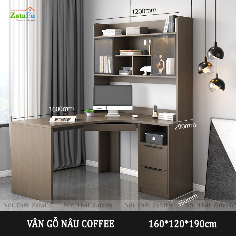 Bàn làm việc chữ L liền kệ sách và tủ trang trí đèn LED BLV-57
