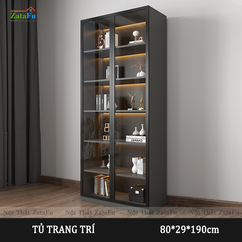 Bàn làm việc chữ L liền kệ sách và tủ trang trí đèn LED BLV-57