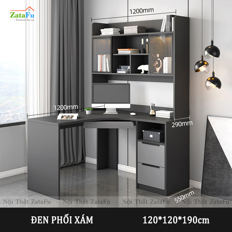 Bàn làm việc chữ L liền kệ sách và tủ trang trí đèn LED BLV-57