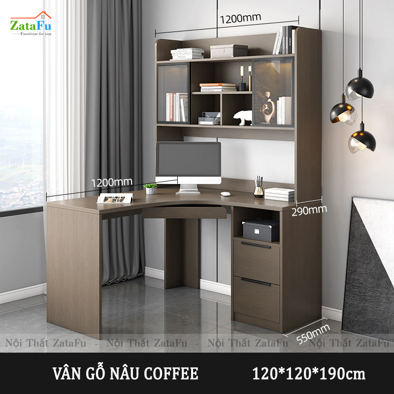 Bàn làm việc chữ L liền kệ sách và tủ trang trí đèn LED BLV-57