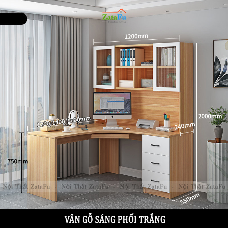 Bàn học bàn làm việc chữ L đi liền kệ sách lớn BLV-56