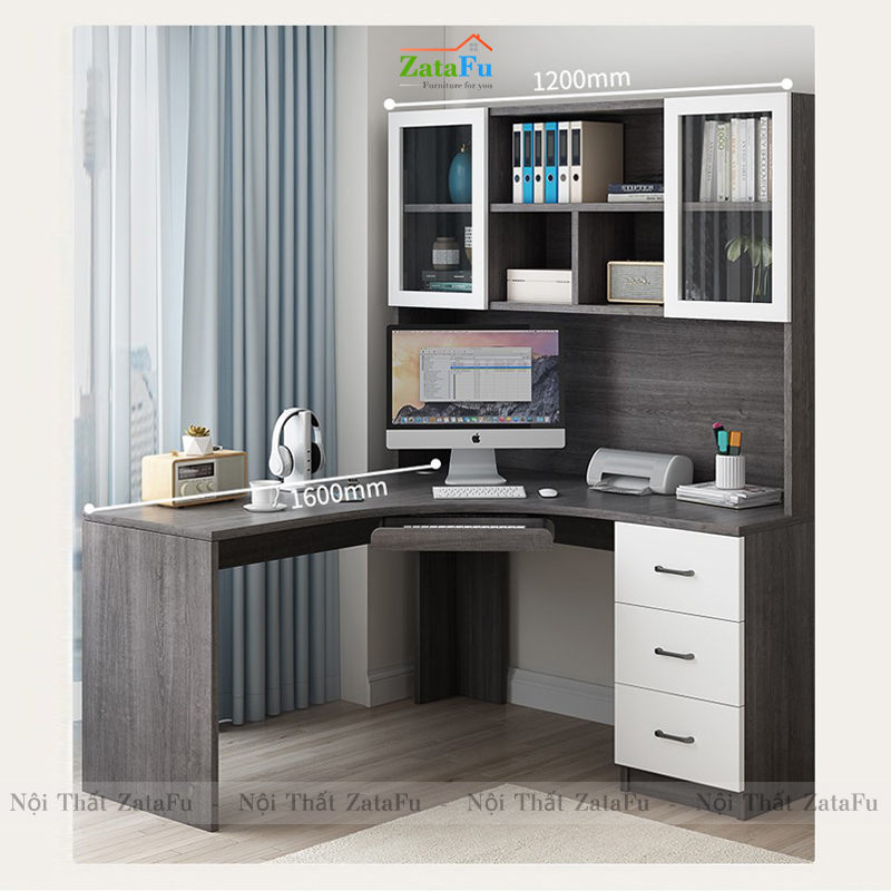 Bàn học bàn làm việc chữ L đi liền kệ sách lớn BLV-56
