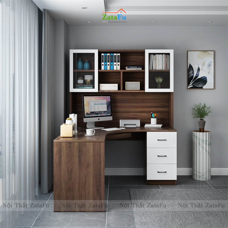 Bàn học bàn làm việc chữ L đi liền kệ sách lớn BLV-56