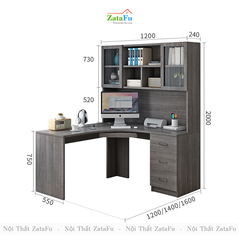 Bàn học bàn làm việc chữ L đi liền kệ sách lớn BLV-56