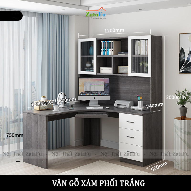 Bàn học bàn làm việc chữ L đi liền kệ sách lớn BLV-56