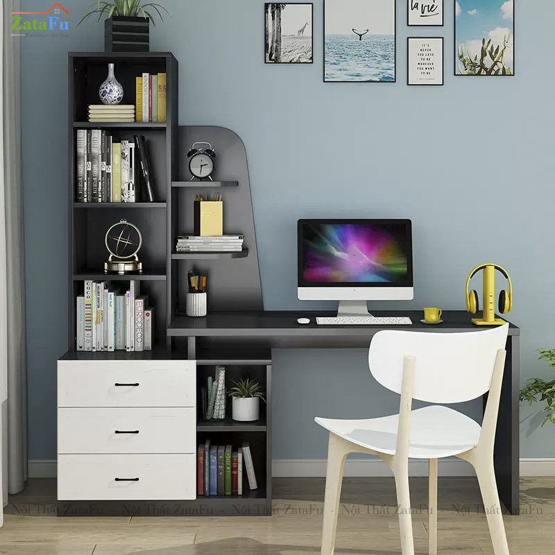 Bàn Làm Việc Thiết Kế Hình Cánh Buồm Kết Hợp Thêm Kệ BLV-126