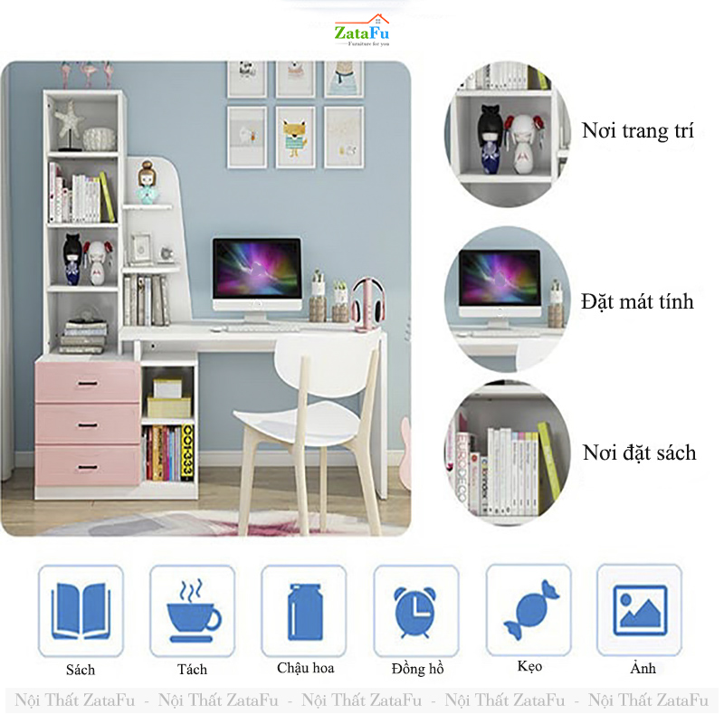 Bàn Làm Việc Thiết Kế Hình Cánh Buồm Kết Hợp Thêm Kệ BLV-126