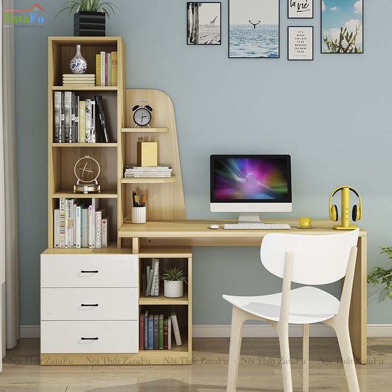 Bàn Làm Việc Thiết Kế Hình Cánh Buồm Kết Hợp Thêm Kệ BLV-126