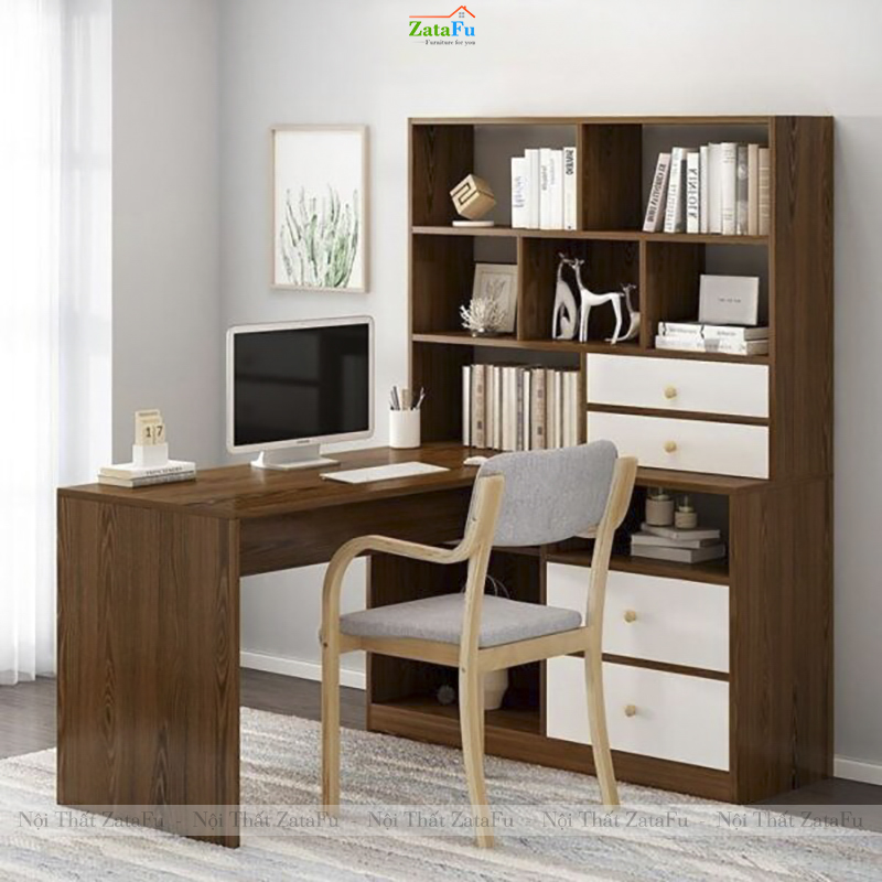Bàn Làm Việc Kèm Kệ Sách Góc Tường Phong Cách Bắc Âu BLV-152 ZataFu