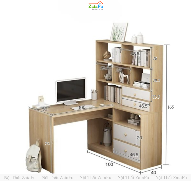 Bàn Làm Việc Kèm Kệ Sách Góc Tường Phong Cách Bắc Âu BLV-152 ZataFu
