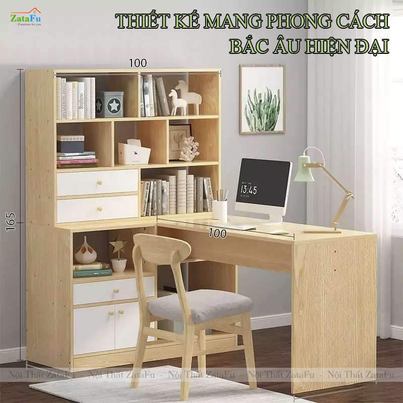 Bàn Làm Việc Kèm Kệ Sách Góc Tường Phong Cách Bắc Âu BLV-152 ZataFu