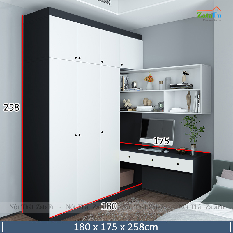Bàn làm việc, bàn vi tính phối hợp tủ quần áo và kệ treo tường BLV-84
