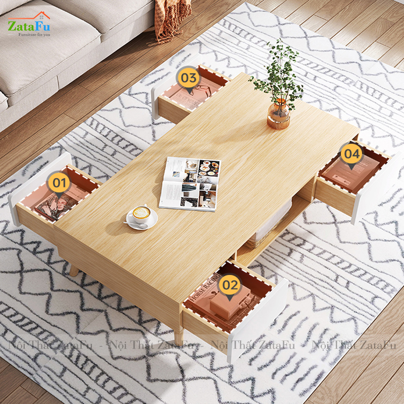 Bàn sofa chân gỗ với 4 hộc tủ kéo thiết kế đơn giản BSF-09