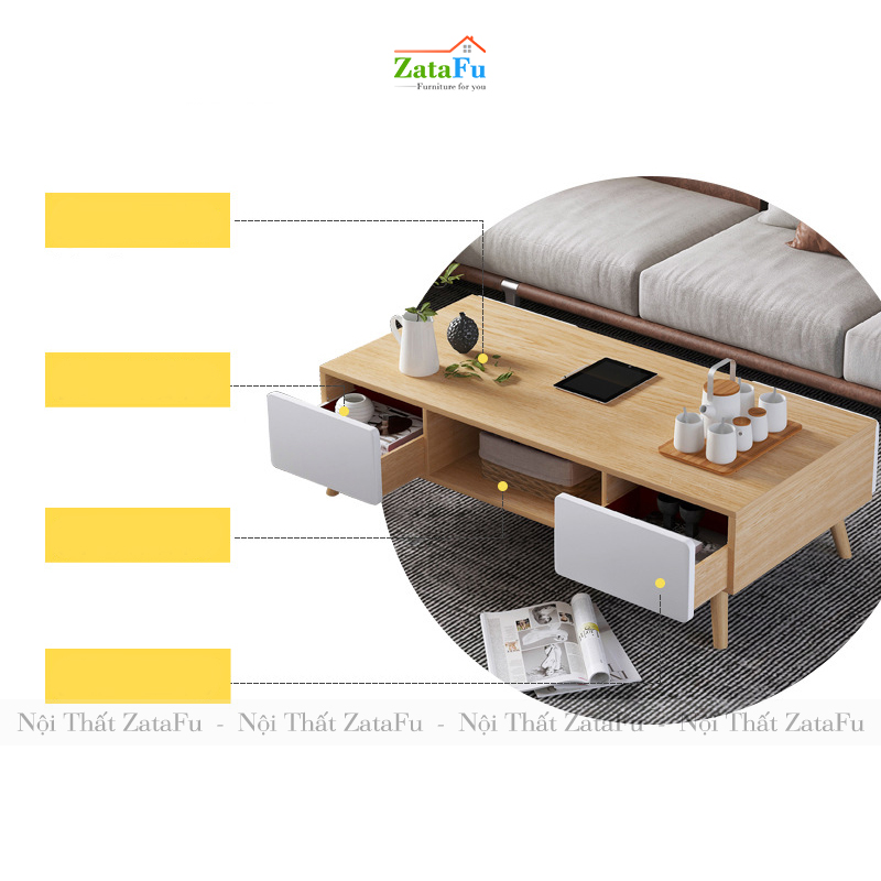 Bàn sofa chân gỗ với 4 hộc tủ kéo thiết kế đơn giản BSF-09