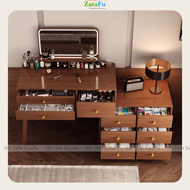 Bàn Trang Điểm Chân Gỗ Tự Nhiên Thiết Kế Nhiều Ngăng Chứa Đồ BTD-30 ZataFu