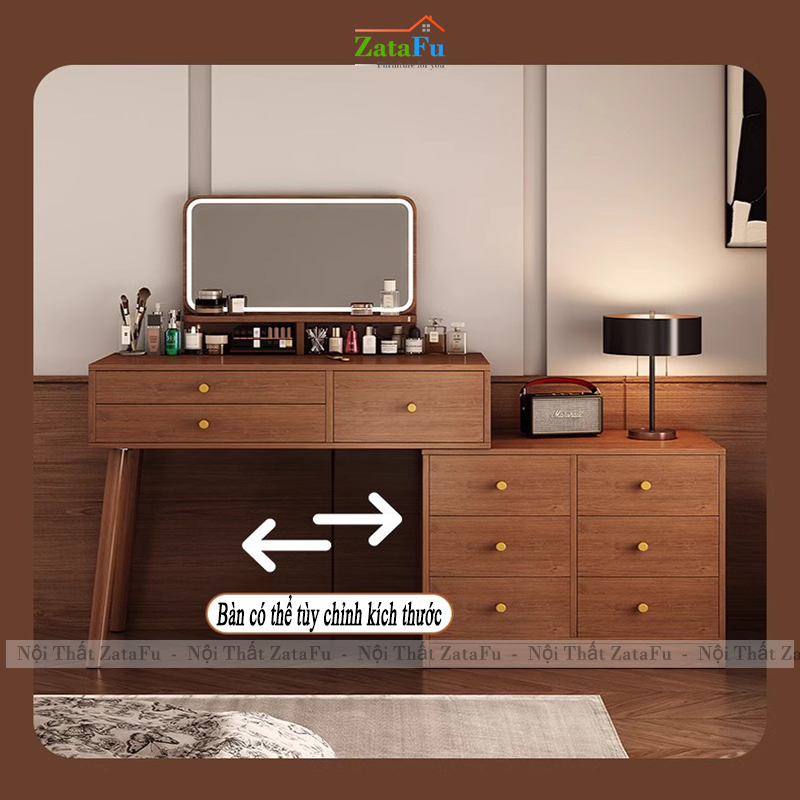 Bàn Trang Điểm Chân Gỗ Tự Nhiên Thiết Kế Nhiều Ngăng Chứa Đồ BTD-30 ZataFu
