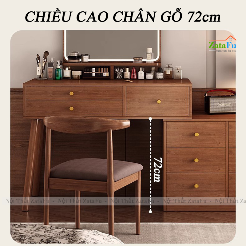 Bàn Trang Điểm Chân Gỗ Tự Nhiên Thiết Kế Nhiều Ngăng Chứa Đồ BTD-30 ZataFu