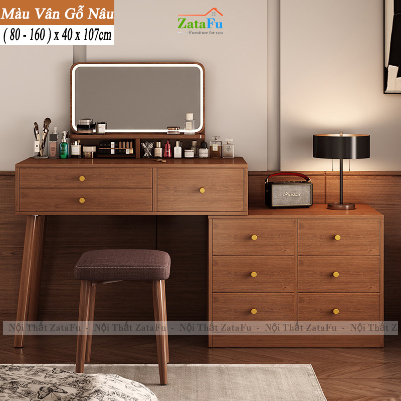Bàn Trang Điểm Chân Gỗ Tự Nhiên Thiết Kế Nhiều Ngăng Chứa Đồ BTD-30 ZataFu
