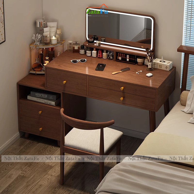 Bàn Trang Điểm Chân Gỗ Tự Nhiên Thiết Kế Nhiều Ngăng Chứa Đồ BTD-30 ZataFu