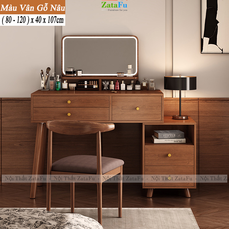 Bàn Trang Điểm Chân Gỗ Tự Nhiên Thiết Kế Nhiều Ngăng Chứa Đồ BTD-30 ZataFu