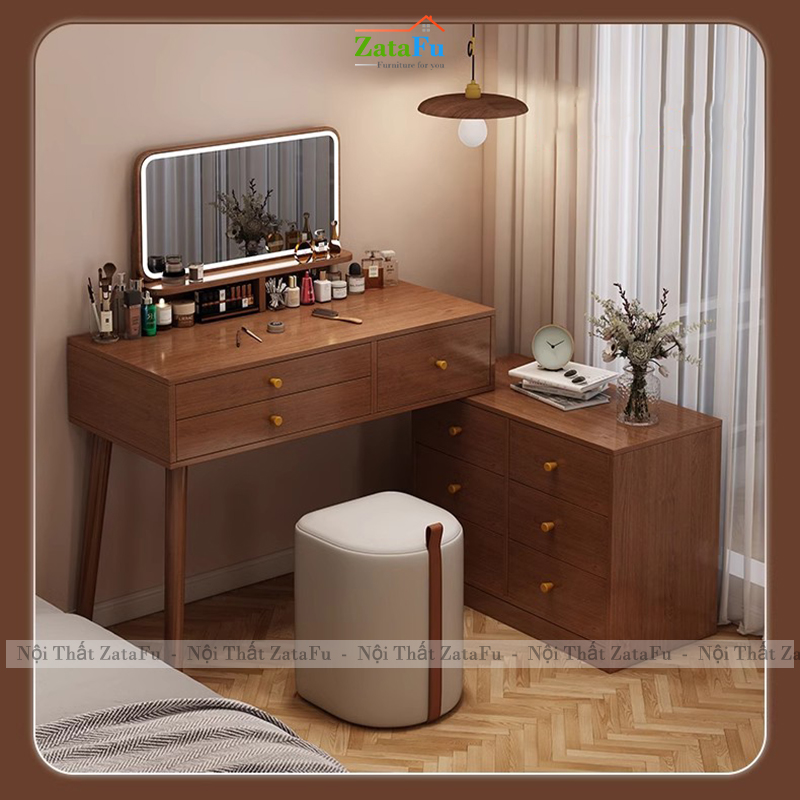 Bàn Trang Điểm Chân Gỗ Tự Nhiên Thiết Kế Nhiều Ngăng Chứa Đồ BTD-30 ZataFu