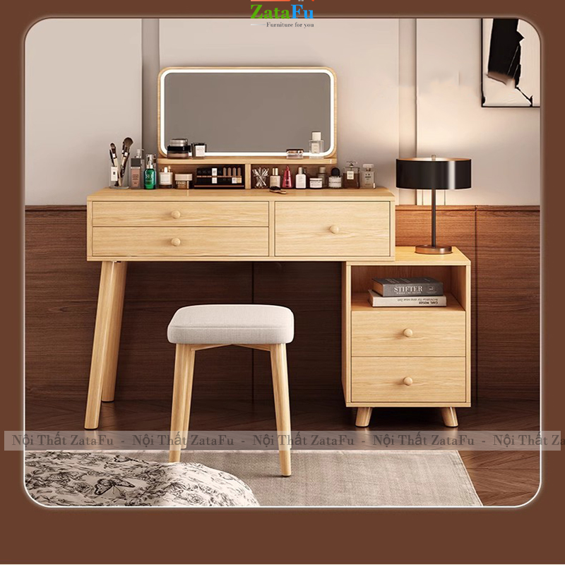 Bàn Trang Điểm Chân Gỗ Tự Nhiên Thiết Kế Nhiều Ngăng Chứa Đồ BTD-30 ZataFu