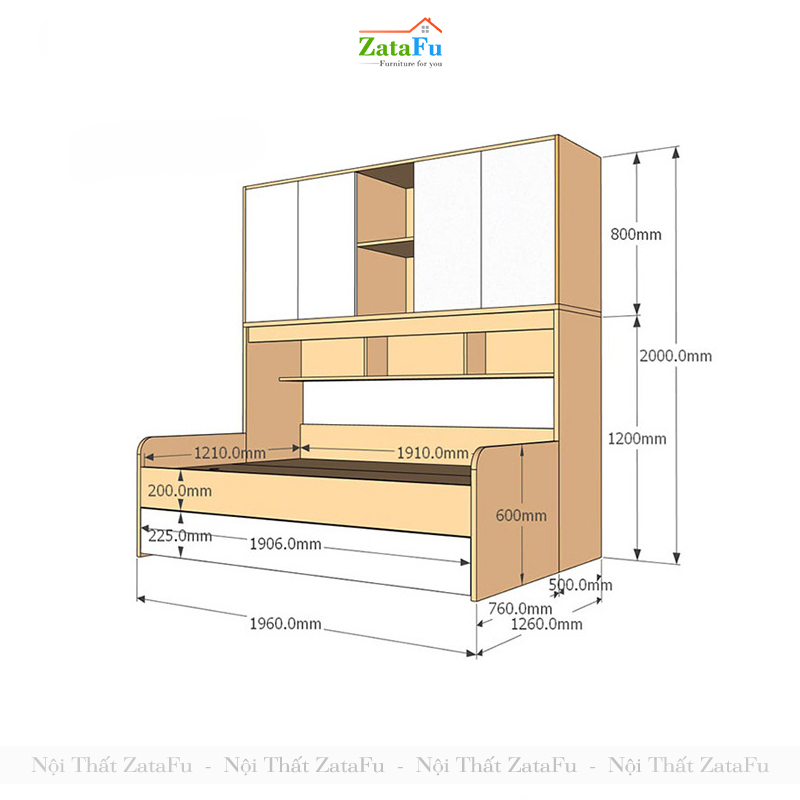 Giường ngủ đơn tích hợp ngăn kéo và tủ GG-02