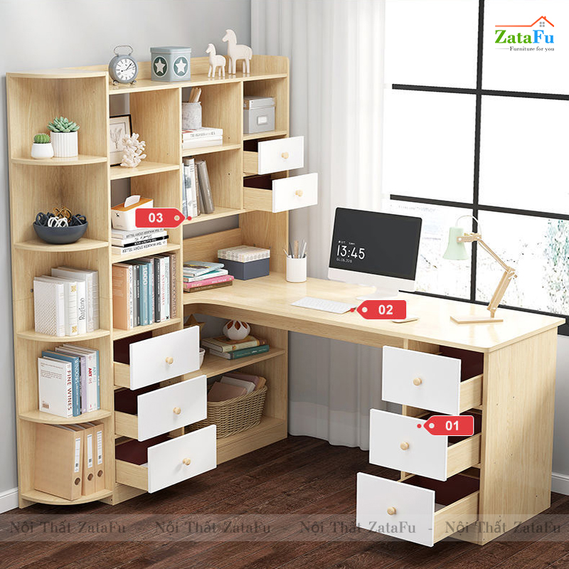 Bàn làm việc, bàn vi tính đi liền kệ sách BLV-52