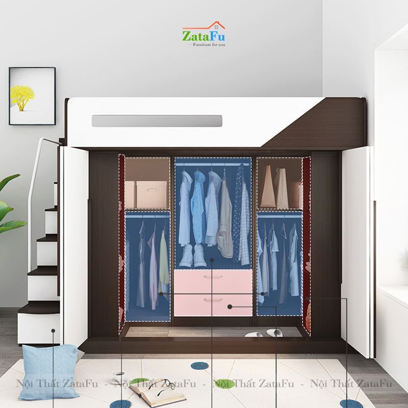 Giường tầng đôi 2 người tích hợp không gian tủ quần áo GG-08