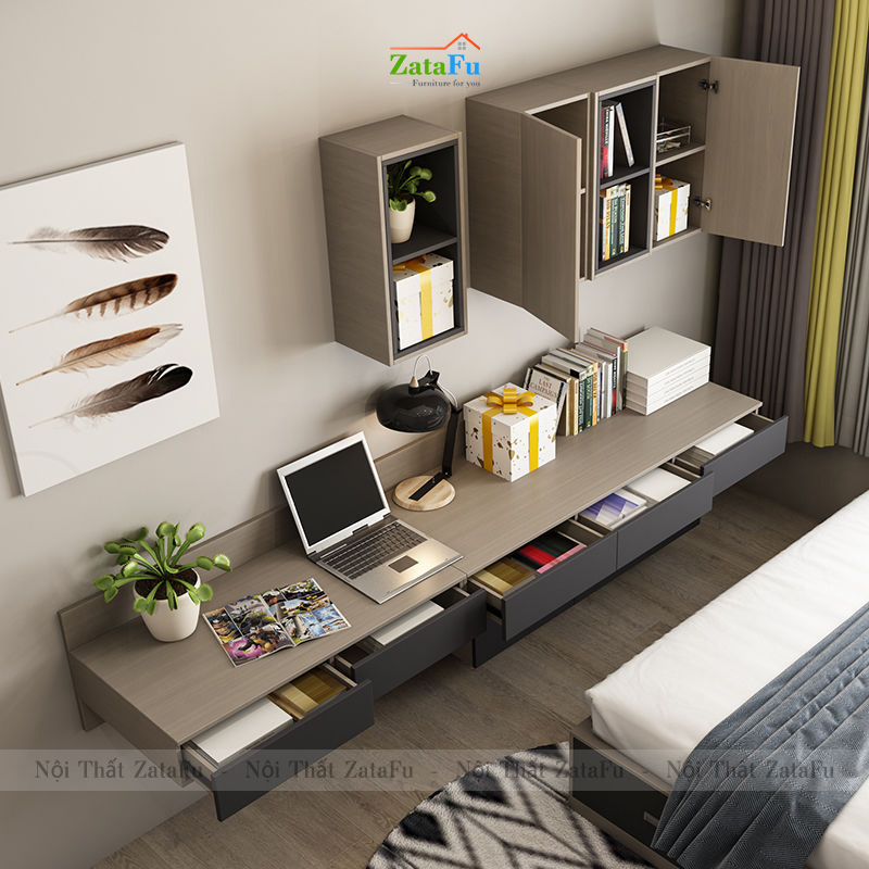 Bàn học, bàn làm việc gắn tường hiện đại kết hợp kệ sách treo BLV-88