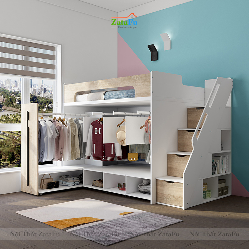 Giường tầng cho trẻ tích hợp tủ quần áo và ngăn đựng sách GG-07