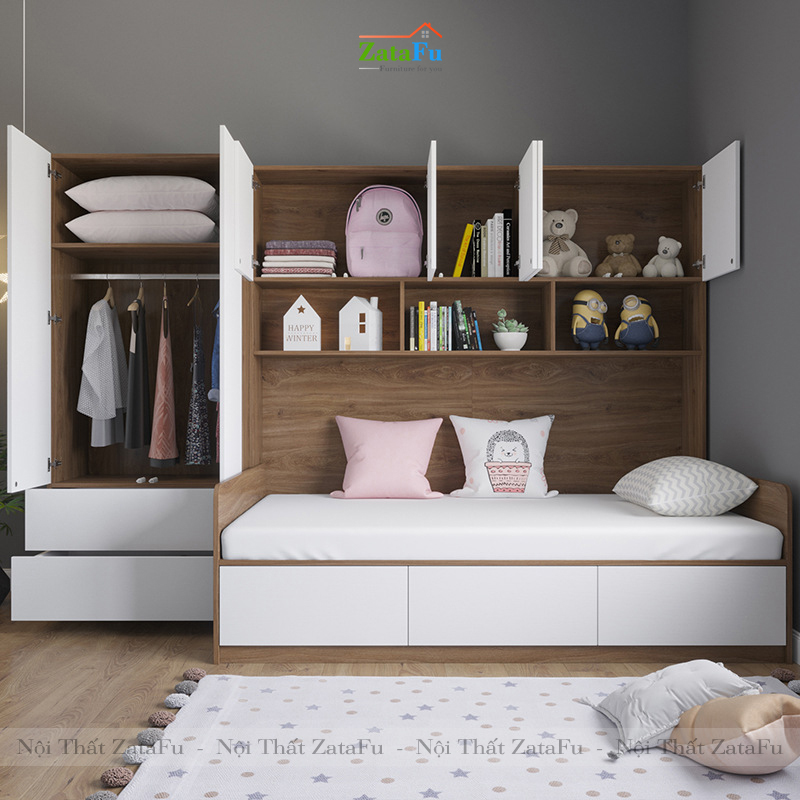 Giường ngủ phối hợp kệ sách, tủ quần áo phòng ngủ GG-21