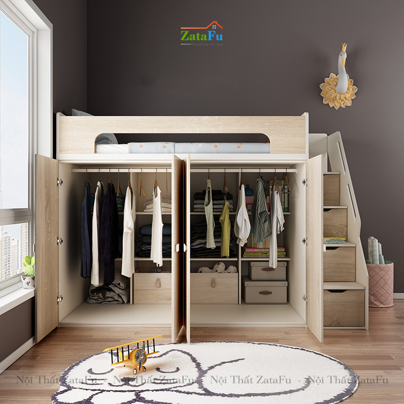 Giường tầng cho trẻ tích hợp tủ quần áo và ngăn đựng sách GG-07