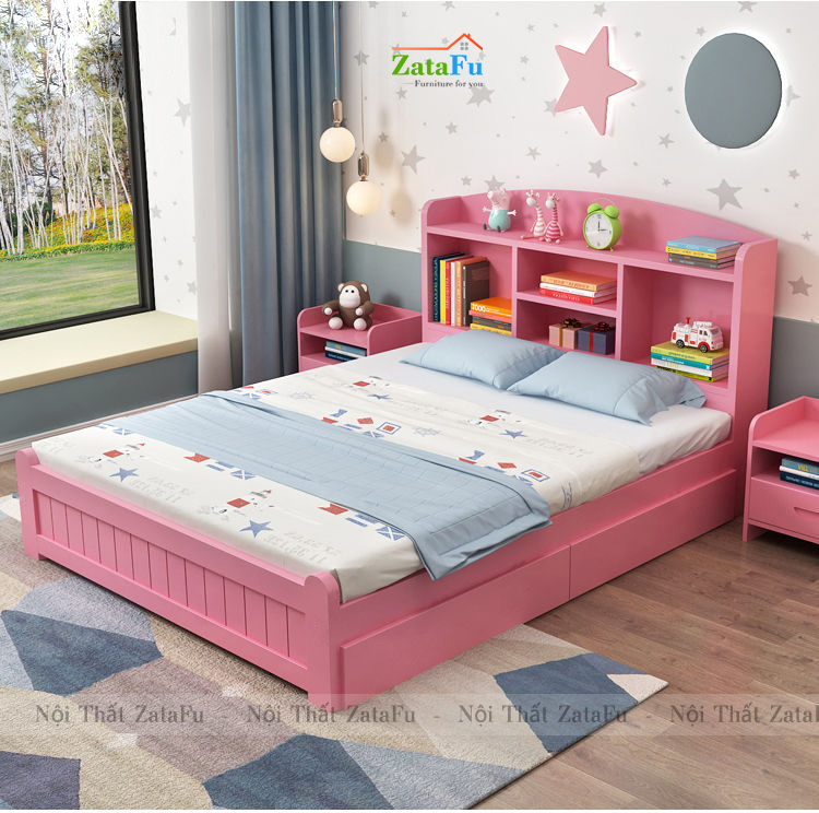Giường ngủ gỗ kết hợp kệ sách đầu giường xinh xắn cho bé GG-36