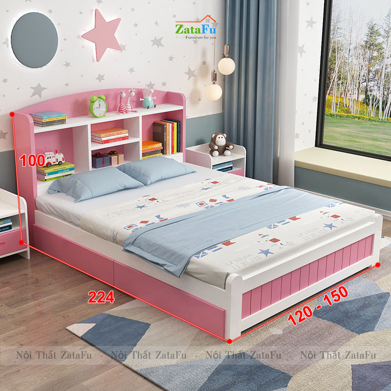 Giường ngủ gỗ kết hợp kệ sách đầu giường xinh xắn cho bé GG-36