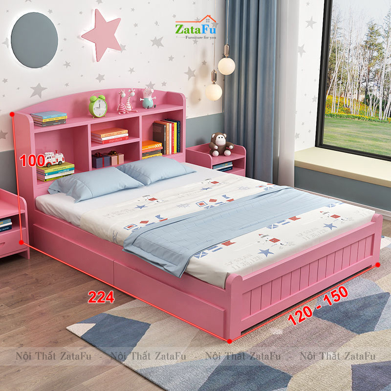 Giường ngủ gỗ kết hợp kệ sách đầu giường xinh xắn cho bé GG-36