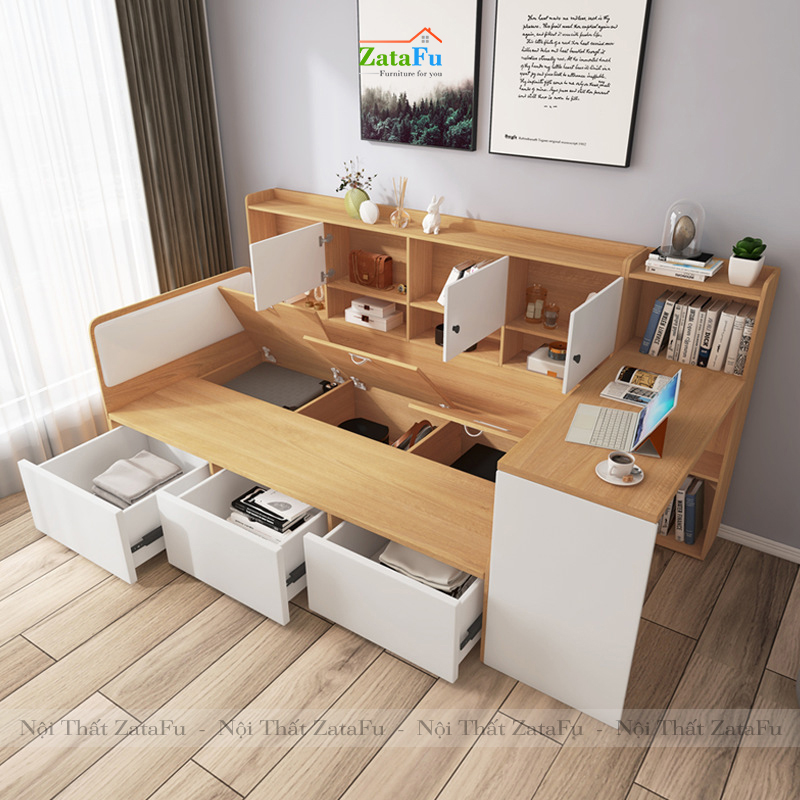 Giường ngủ tích hợp kệ sách trang trí và bàn làm việc GG-14