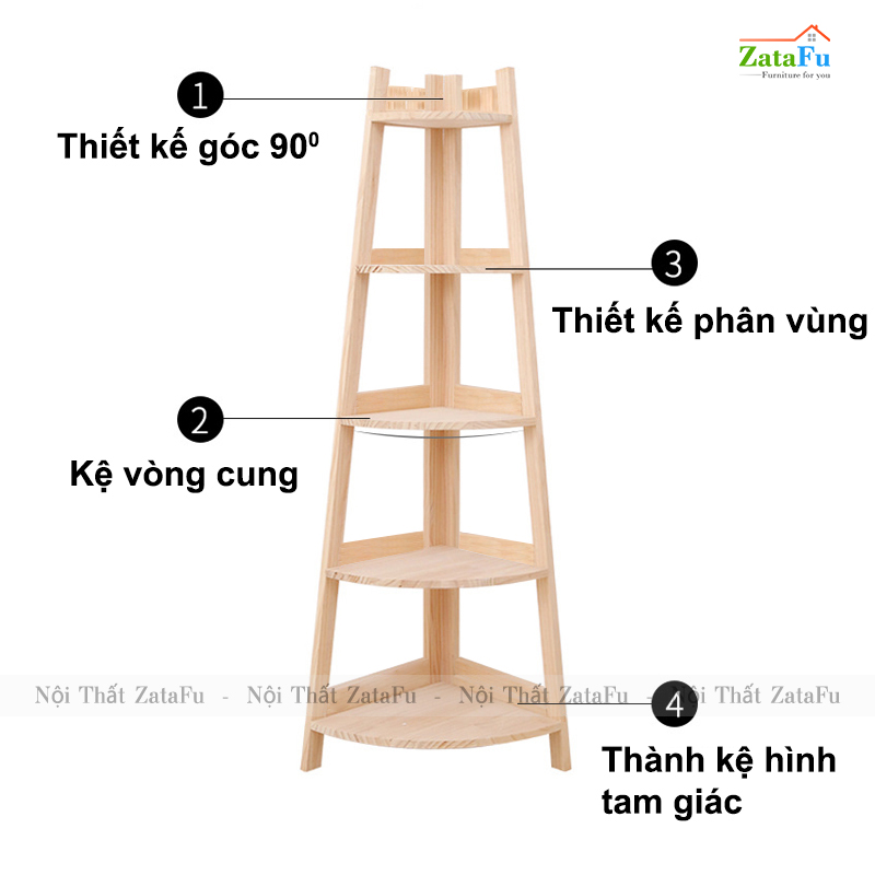 Kệ gỗ góc tường trang trí 5 tầng thiết kế hình quạt KTT-108