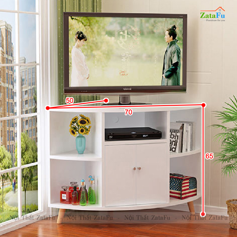 Tủ kệ tivi góc tường chân gỗ độc đáo KTV-41