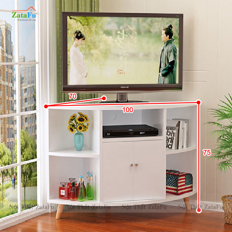 Tủ kệ tivi góc tường chân gỗ độc đáo KTV-41