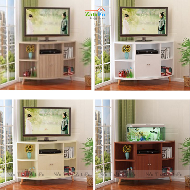 Tủ kệ tivi góc tường chân gỗ độc đáo KTV-41