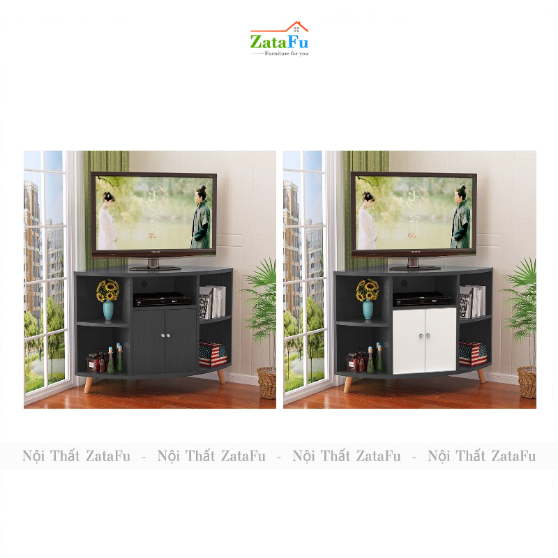 Tủ kệ tivi góc tường chân gỗ độc đáo KTV-41
